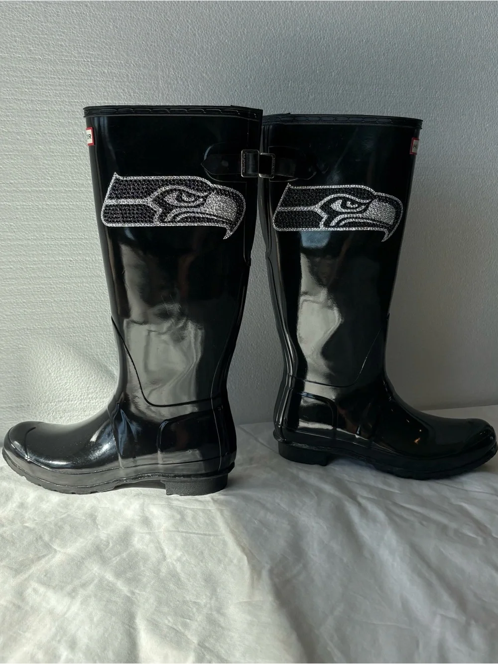 Seahawks Womens Hunter Tall Glossy Black Rainboots, size 10